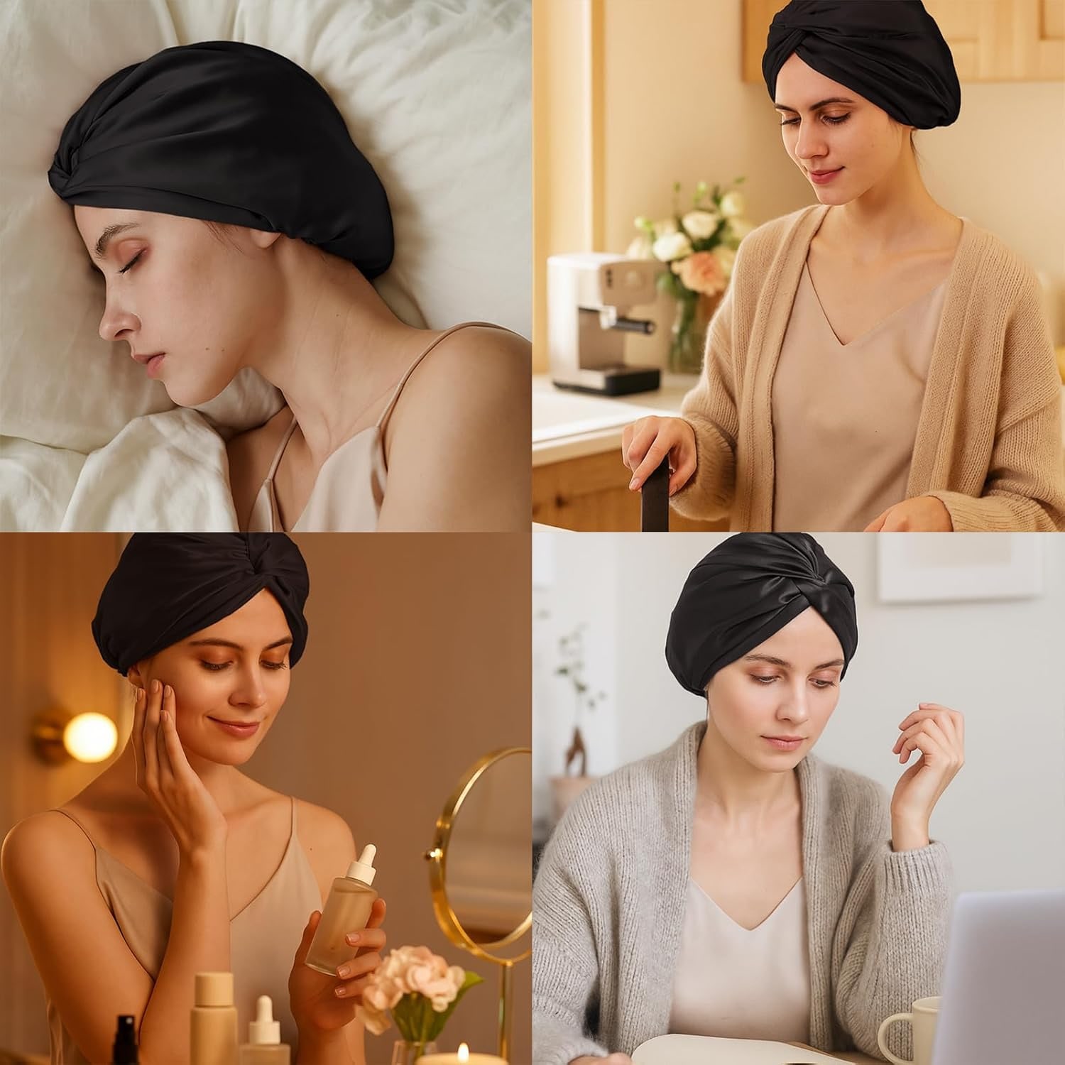 Black Double Layer Mulberry Silk Bonnet: image 4