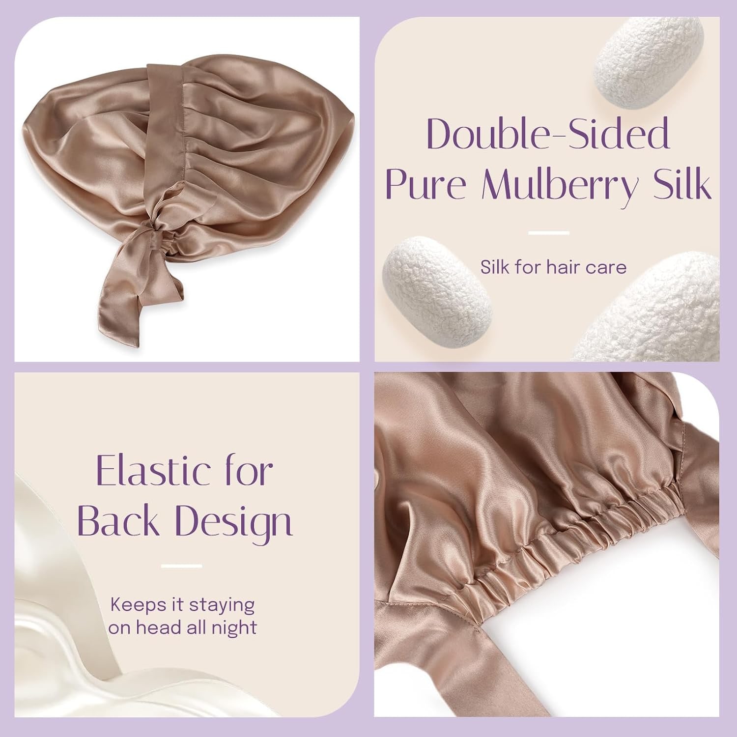 Camel 25 Momme Double Layer Mulberry Silk Bonnet, detail view