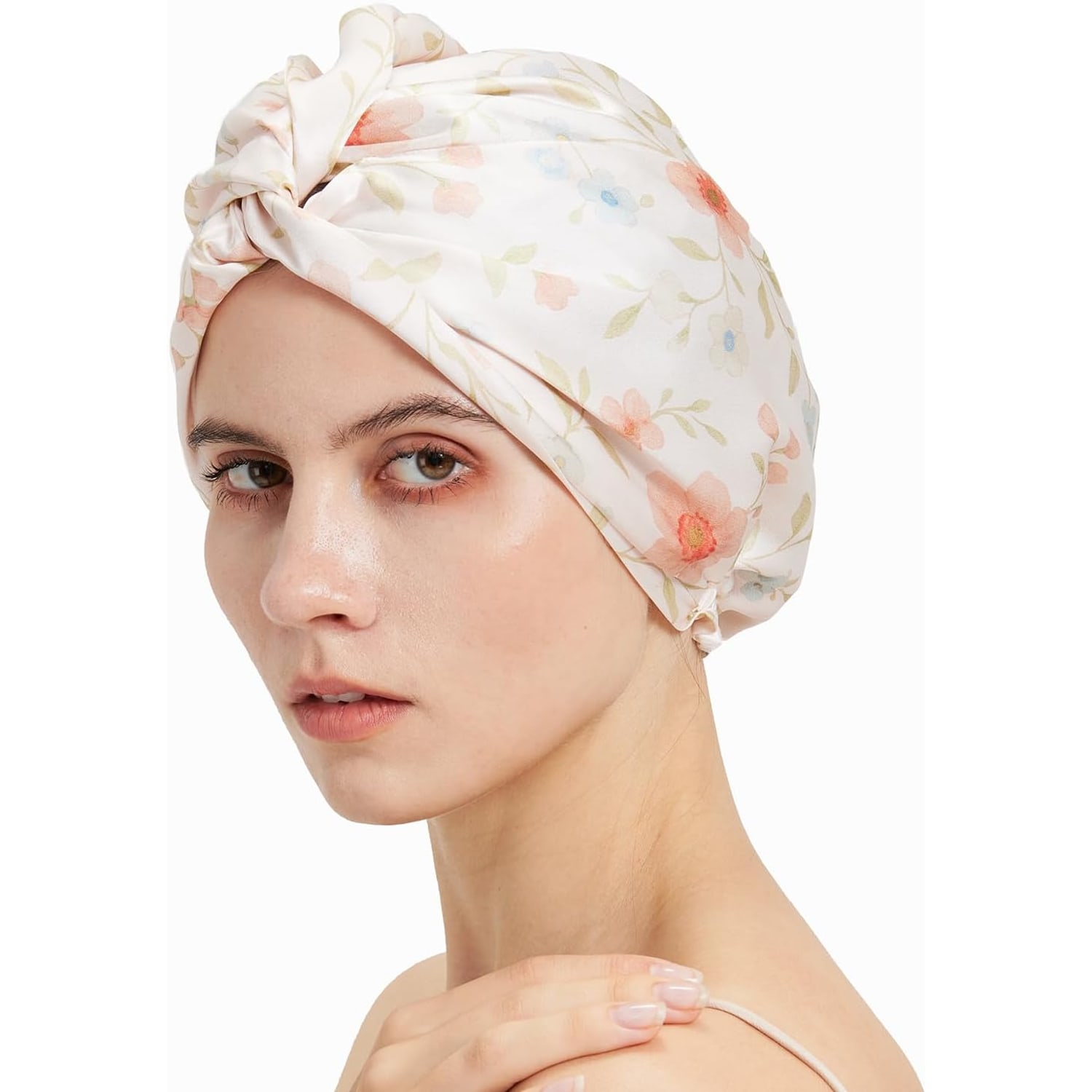 Pink Floral Double Layer Mulberry Silk Bonnet