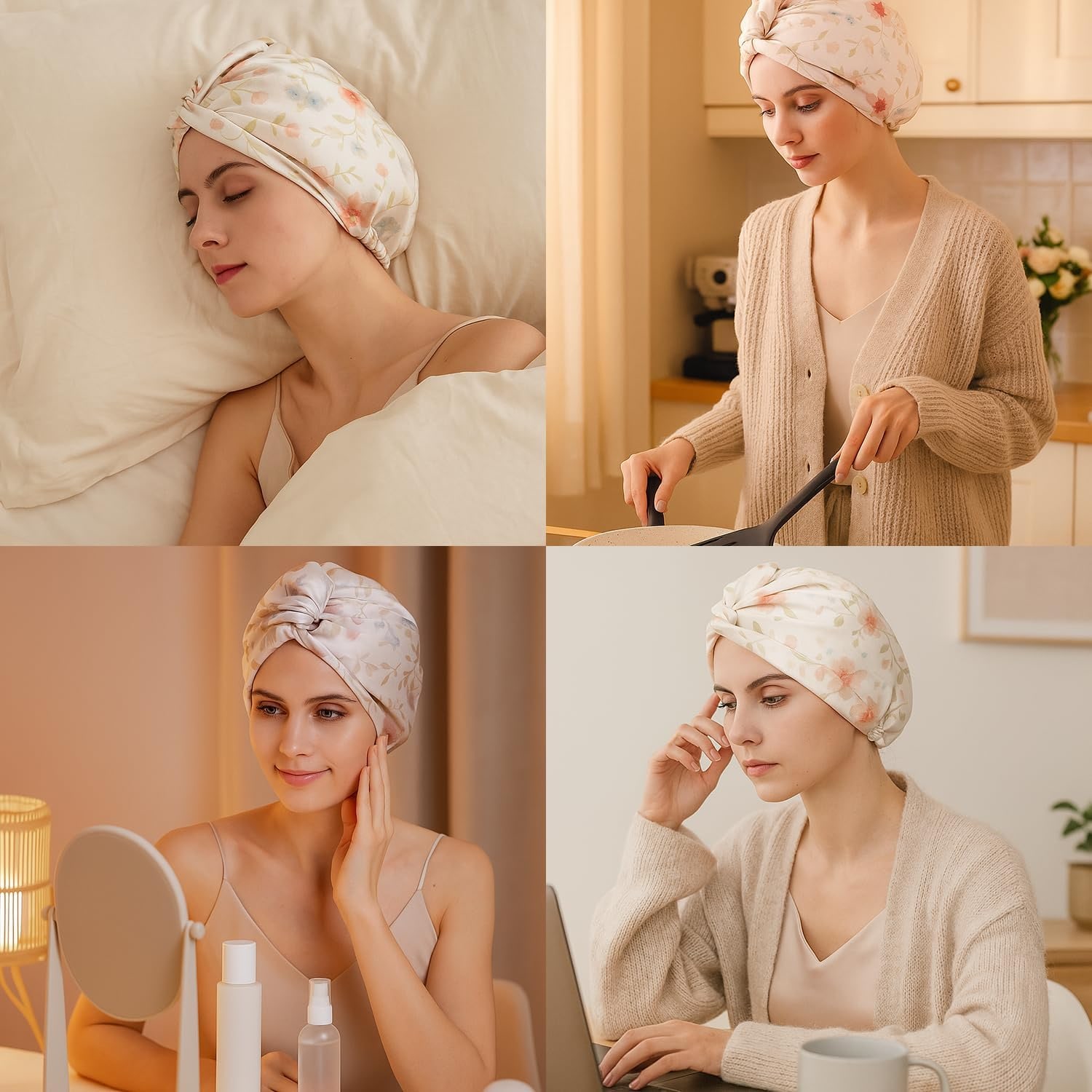 Pink Floral Double Layer Mulberry Silk Bonnet