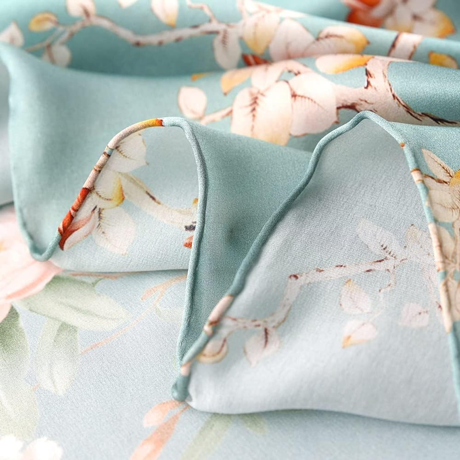 Green Rose Print Long Silk Scarf