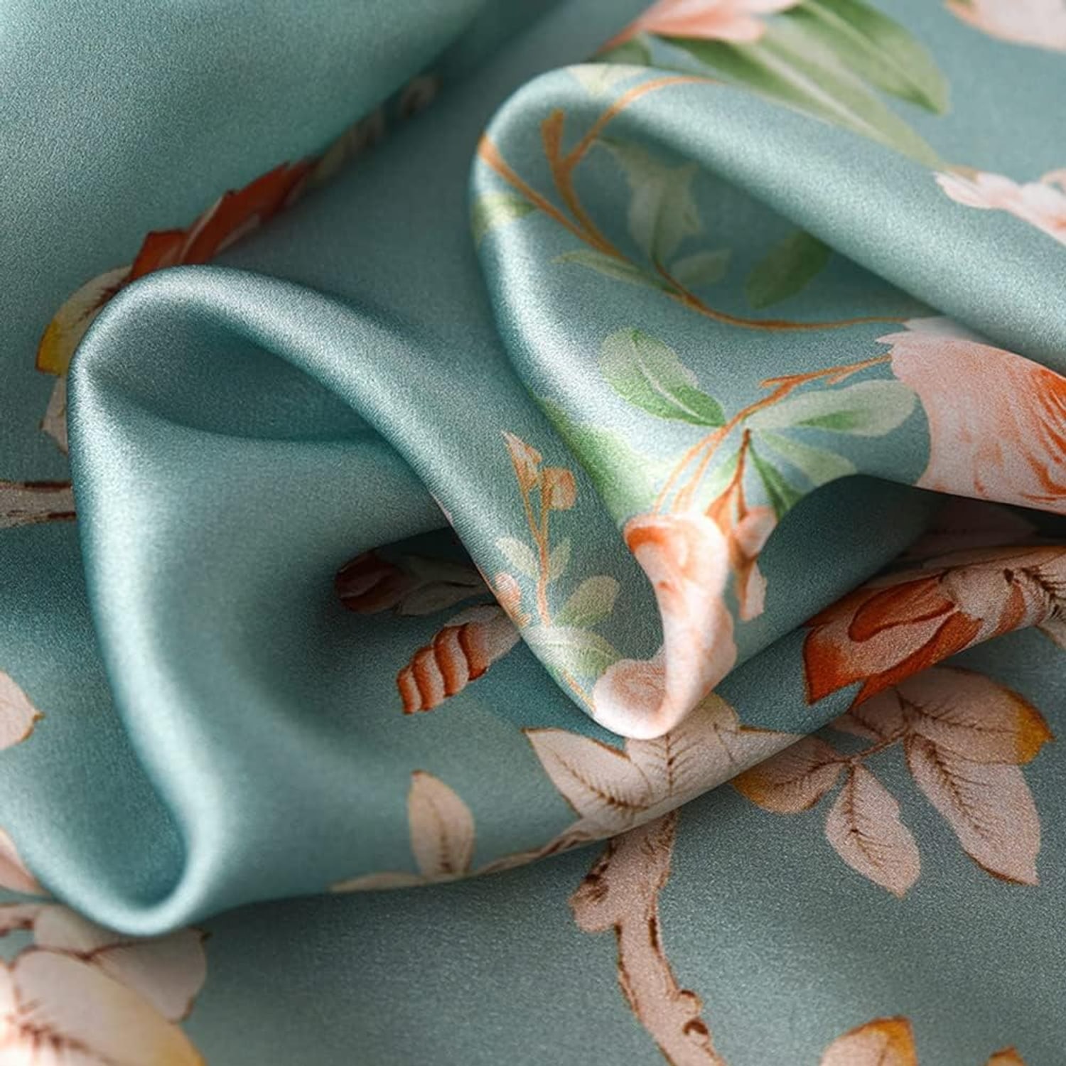 Green Rose Print Long Silk Scarf