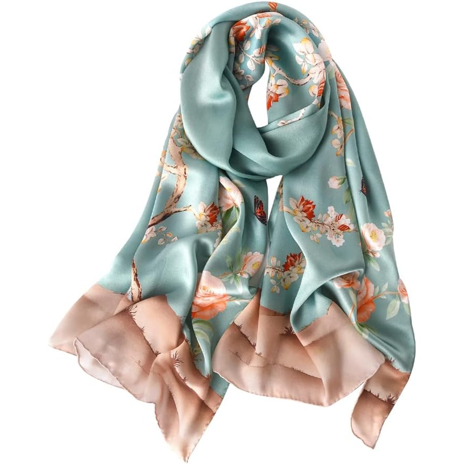 Green Rose Print Long Silk Scarf