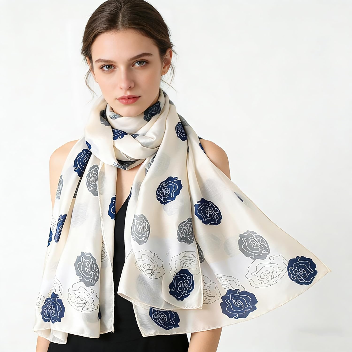 Long Navy Rose Print Mulberry Silk Scarf