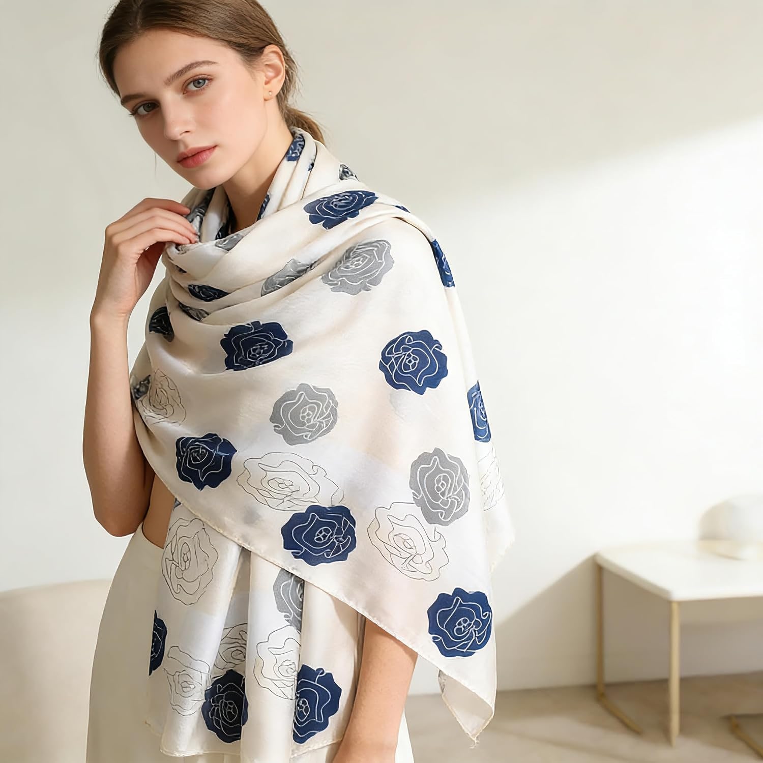 Long Navy Rose Print Mulberry Silk Scarf