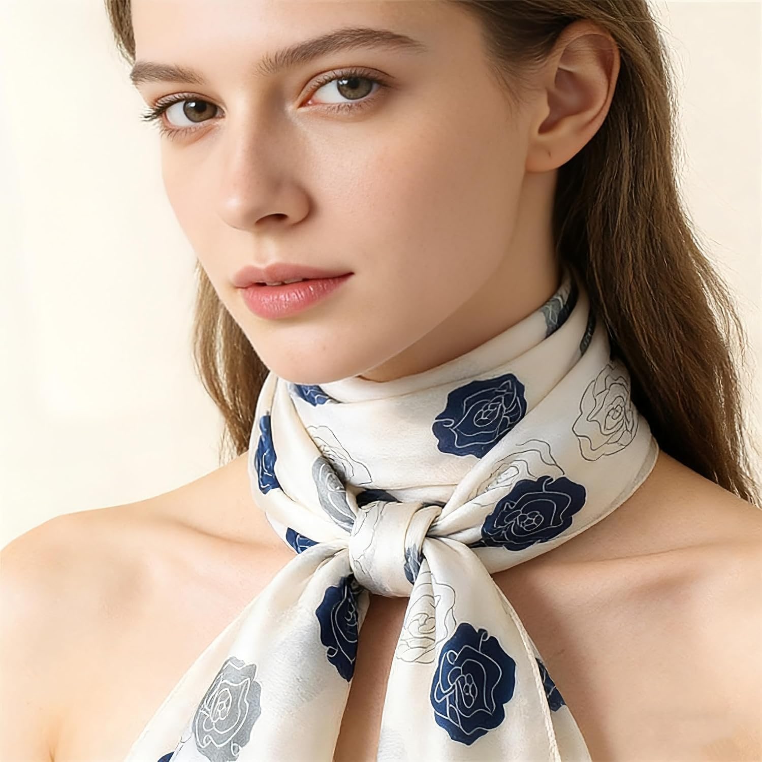 Long Navy Rose Print Mulberry Silk Scarf