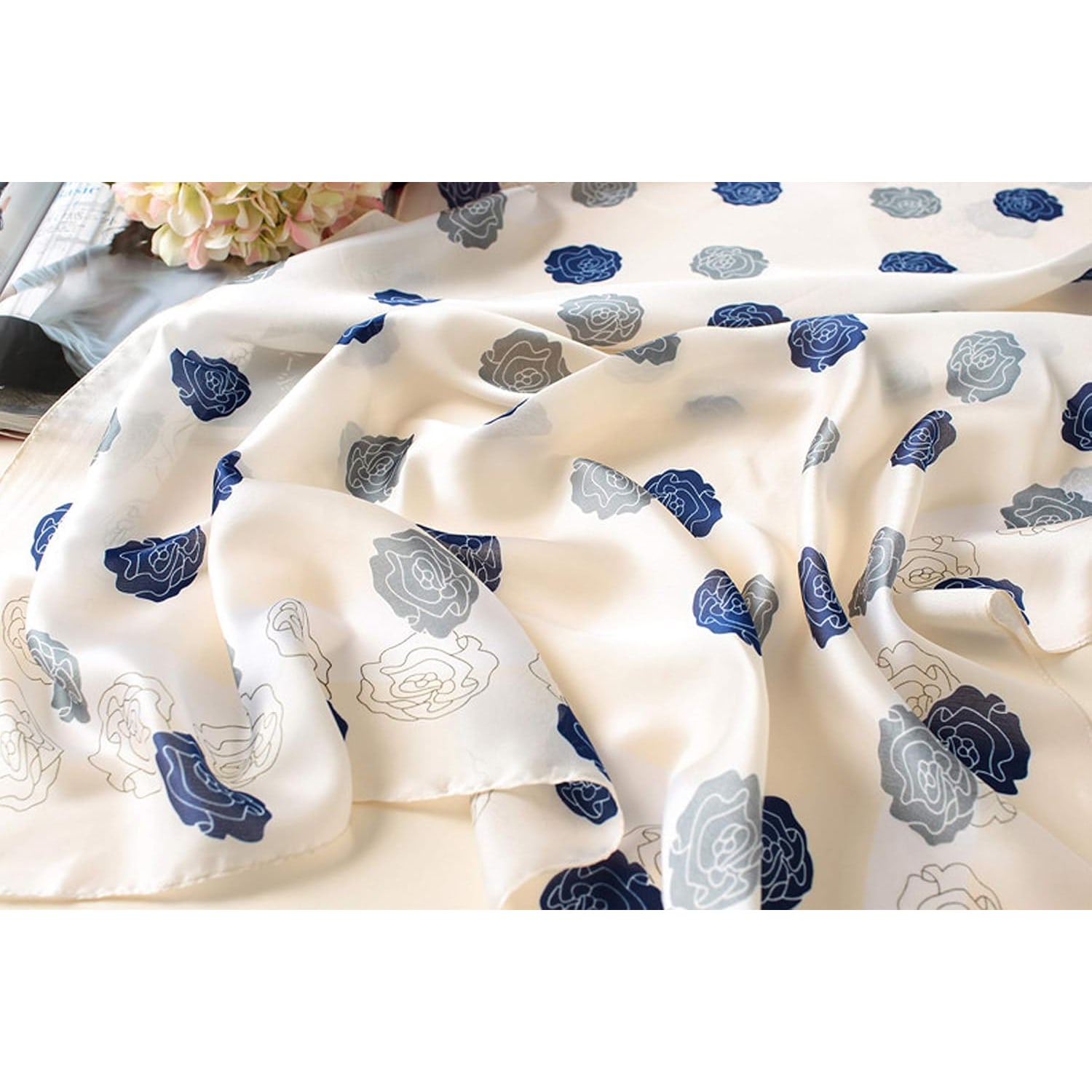 Long Navy Rose Print Mulberry Silk Scarf