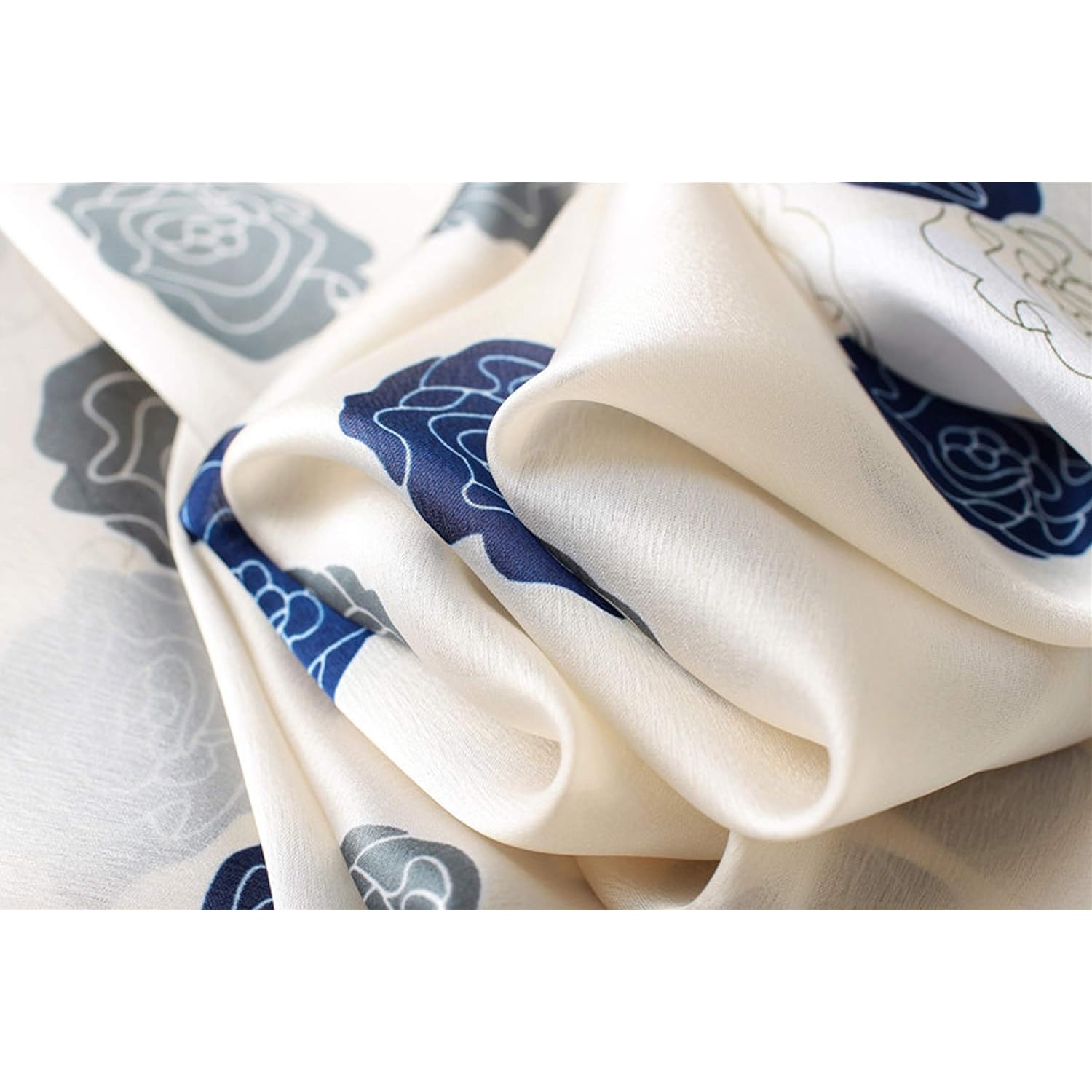 Long Navy Rose Print Mulberry Silk Scarf