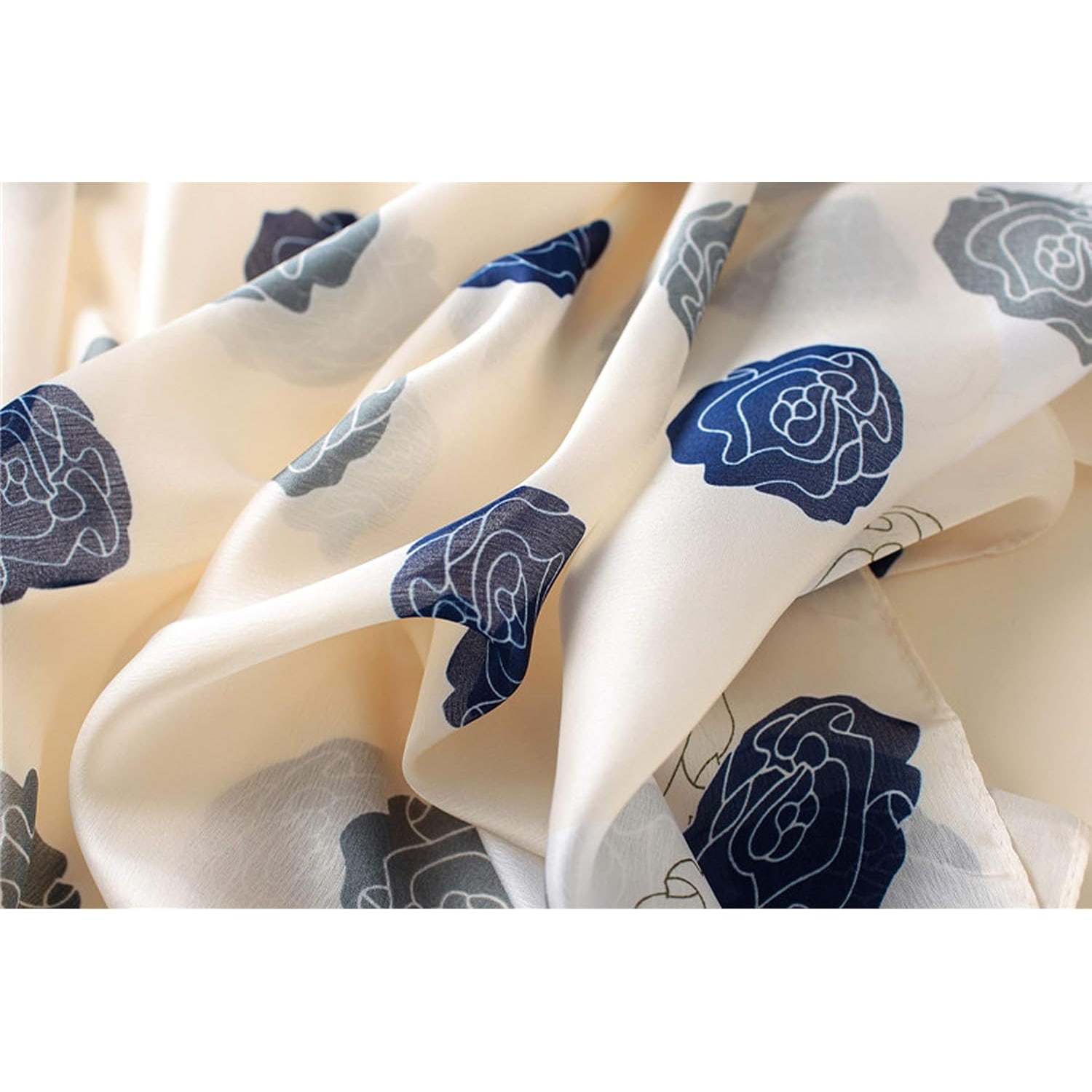 Long Navy Rose Print Mulberry Silk Scarf: image 7