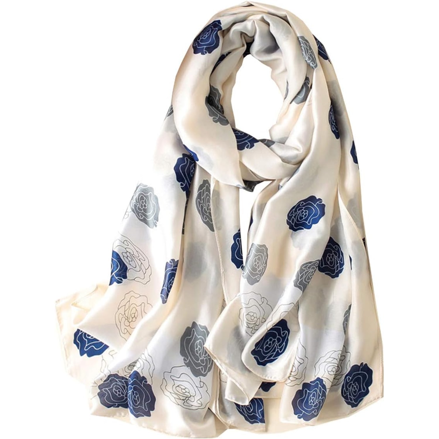 Long Navy Rose Print Mulberry Silk Scarf