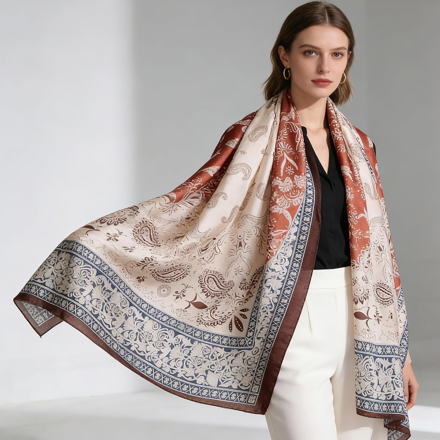 Long Rust Paisley Mulberry Silk Scarf