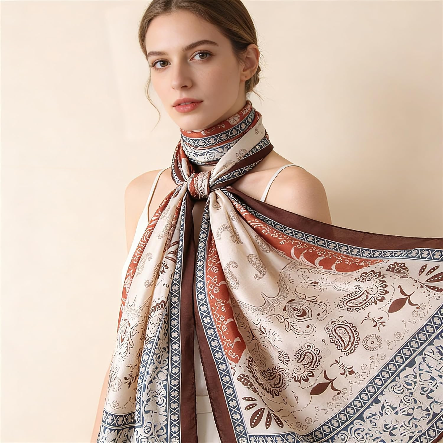 Long Rust Paisley Mulberry Silk Scarf