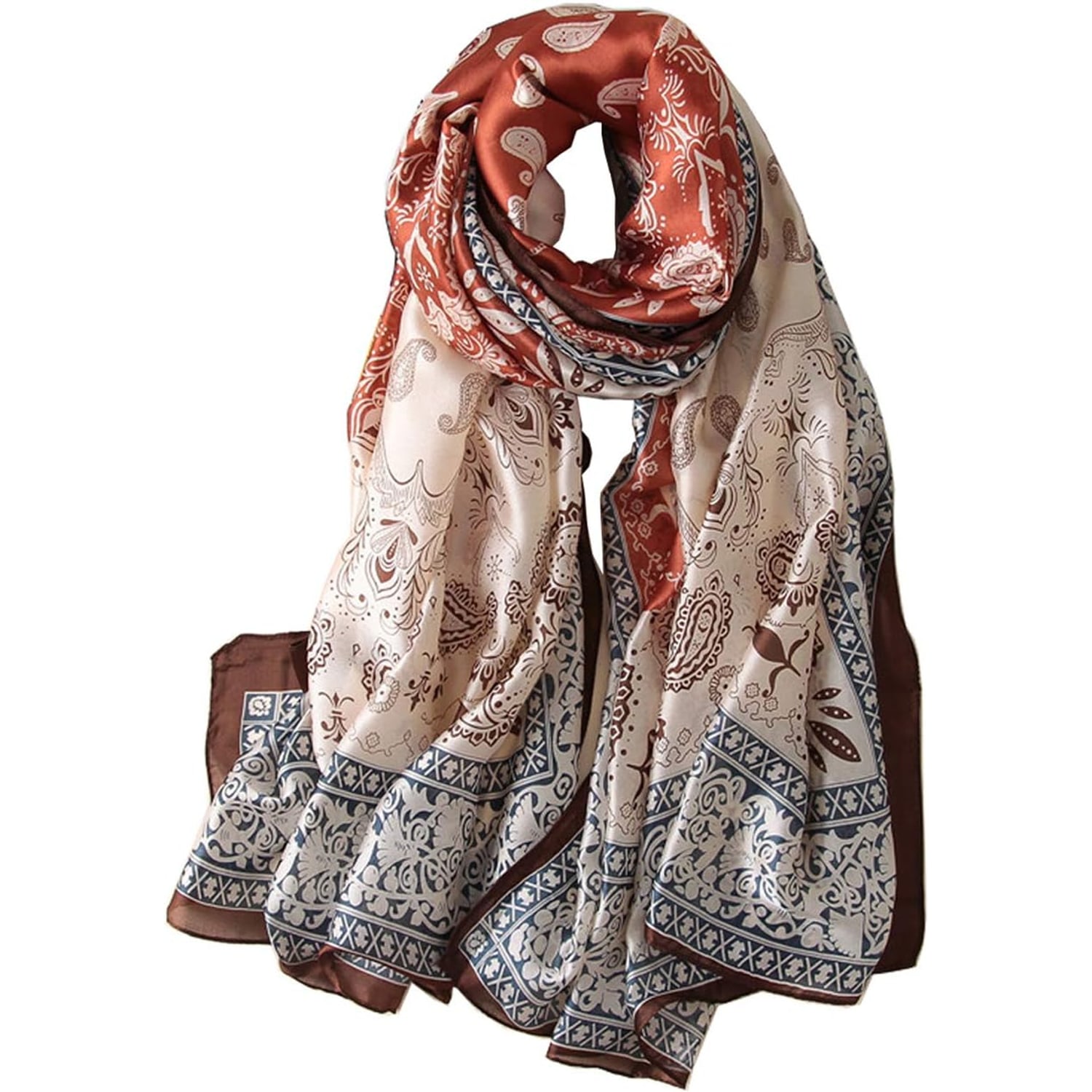 Long Rust Paisley Mulberry Silk Scarf
