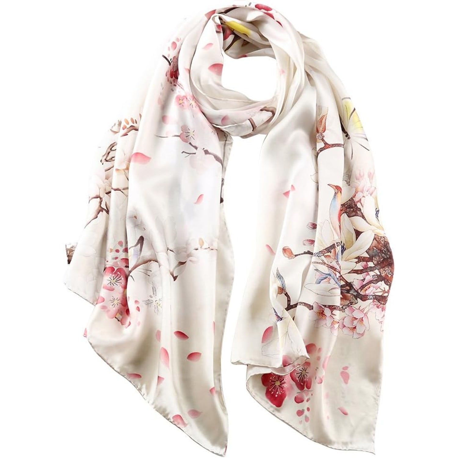 Pink Blossom Print Long Silk Scarf