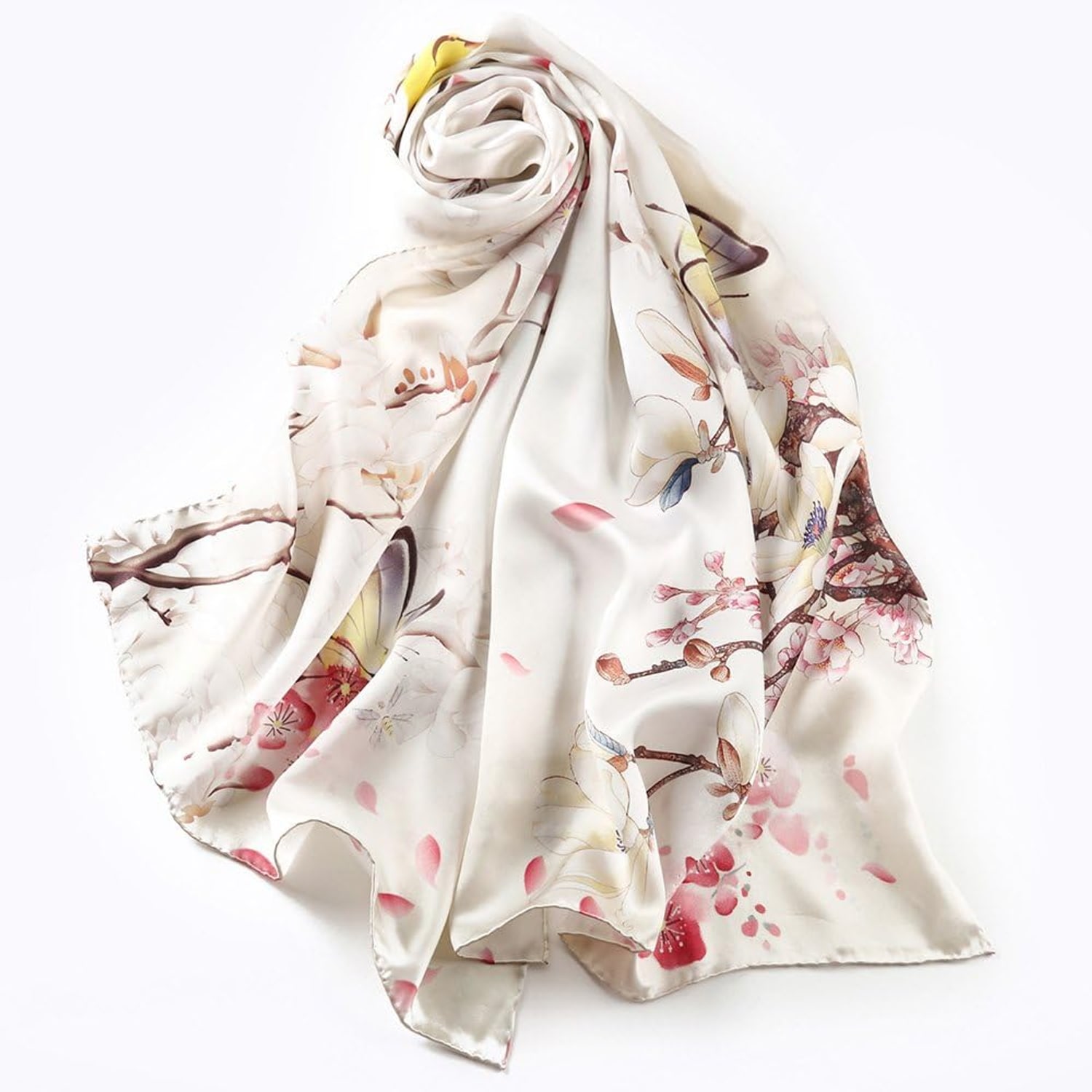 Pink Blossom Print Long Silk Scarf