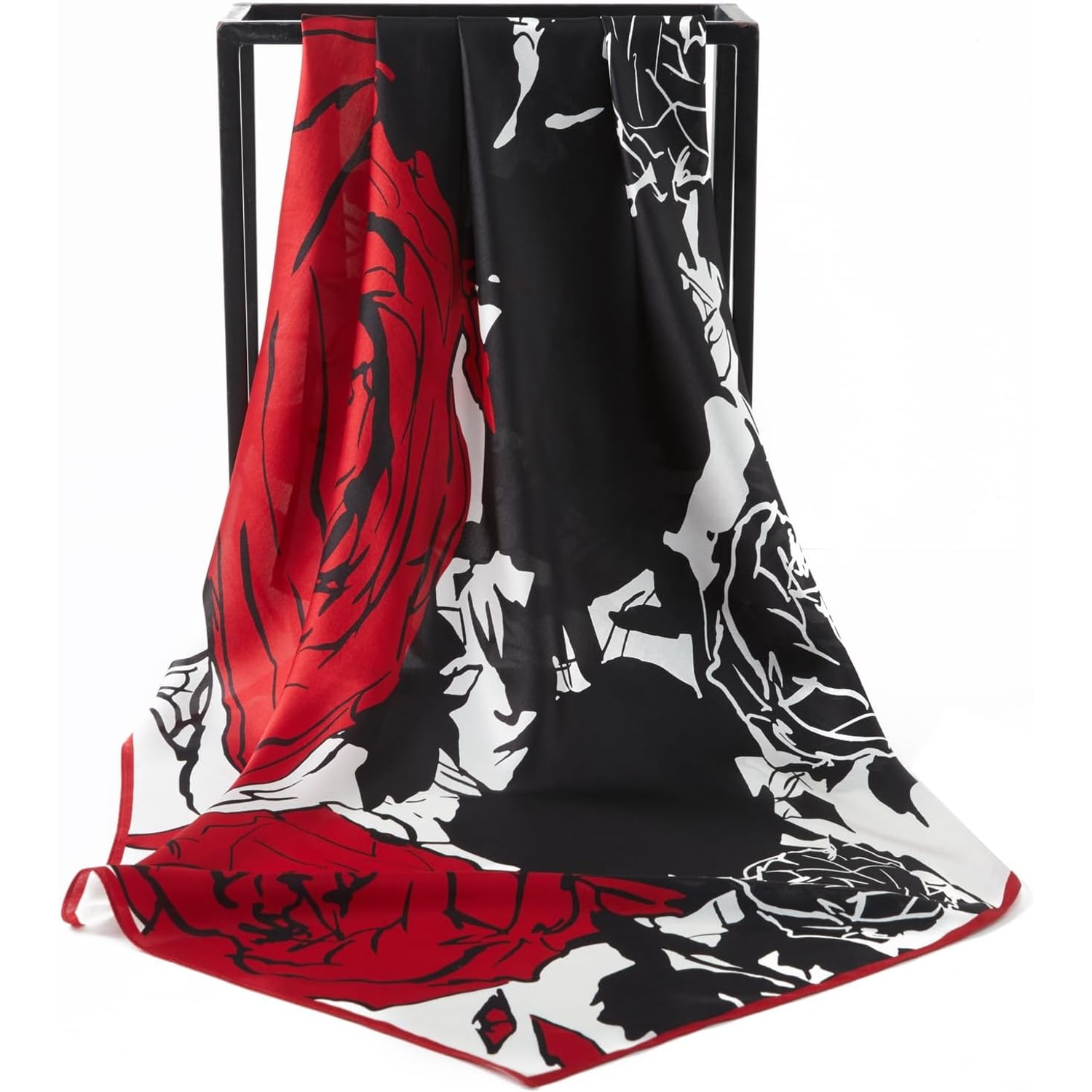Red and Black Rose Silk Square Scarf, 35 Inch