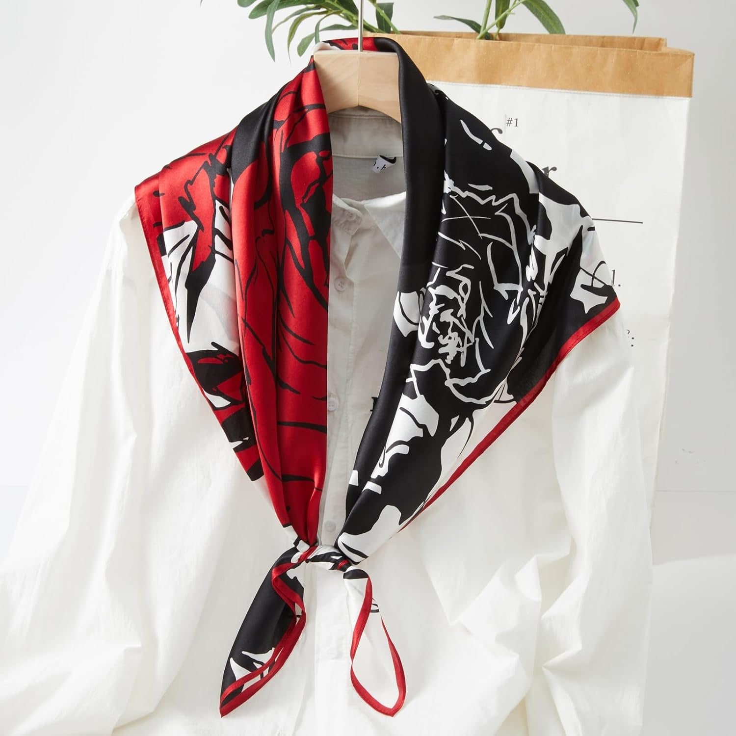 Red and Black Rose Silk Square Scarf, 35 Inch