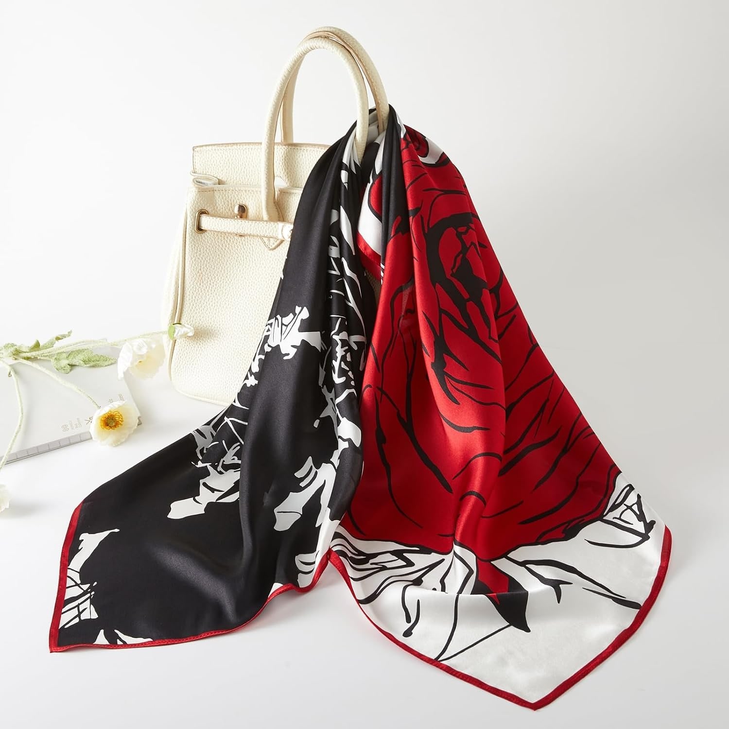 Red and Black Rose Silk Square Scarf, 35 Inch