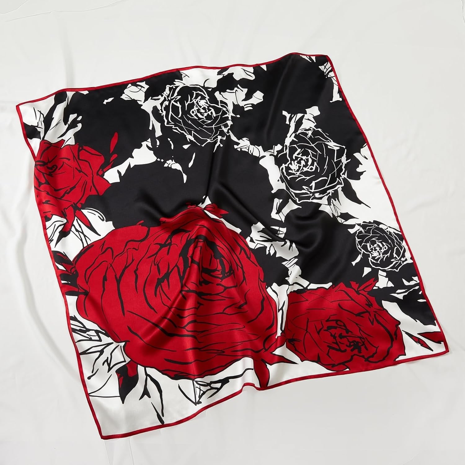 Red and Black Rose Silk Square Scarf, 35 Inch