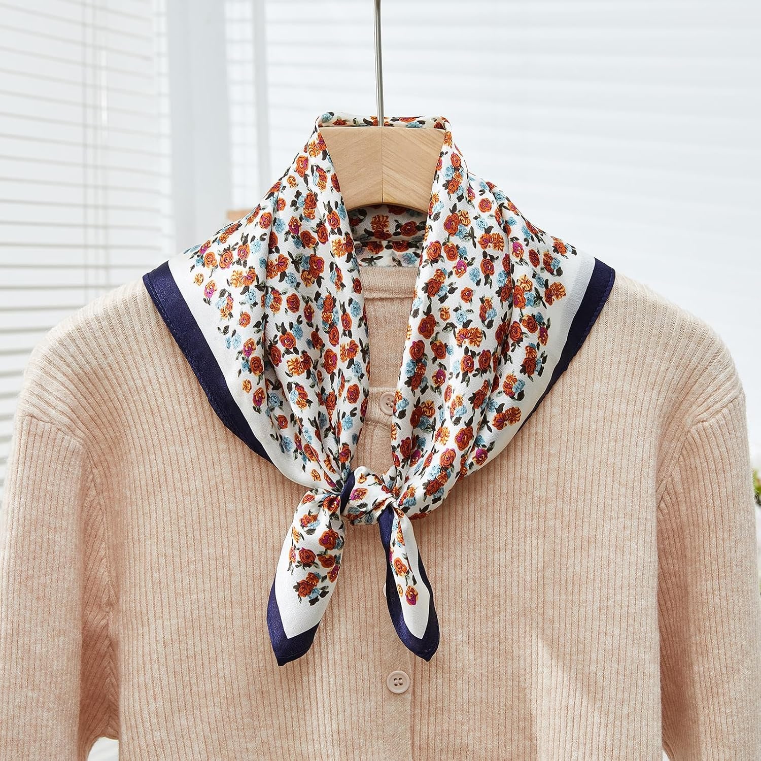 White Floral Silk Neck Scarf 21 Inch