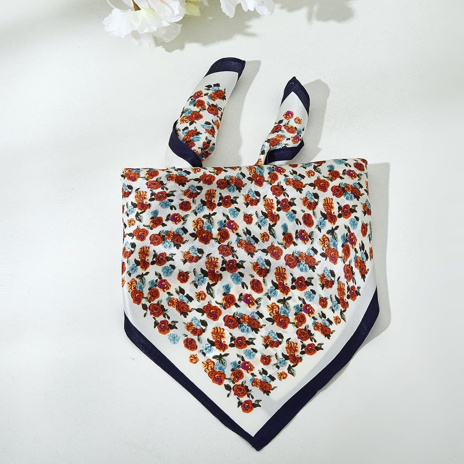 White Floral Silk Neck Scarf 21 Inch