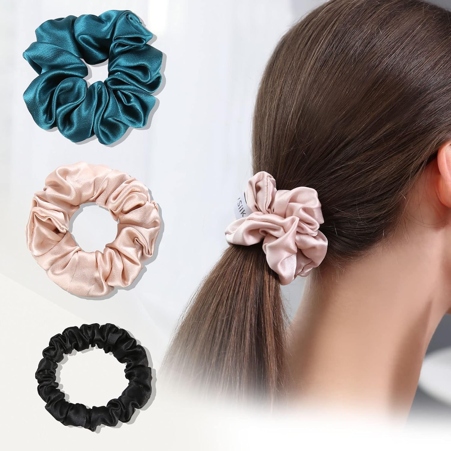 Mulberry Silk Scrunchies 3 Pack (Peacock Blue, Pink, Black)