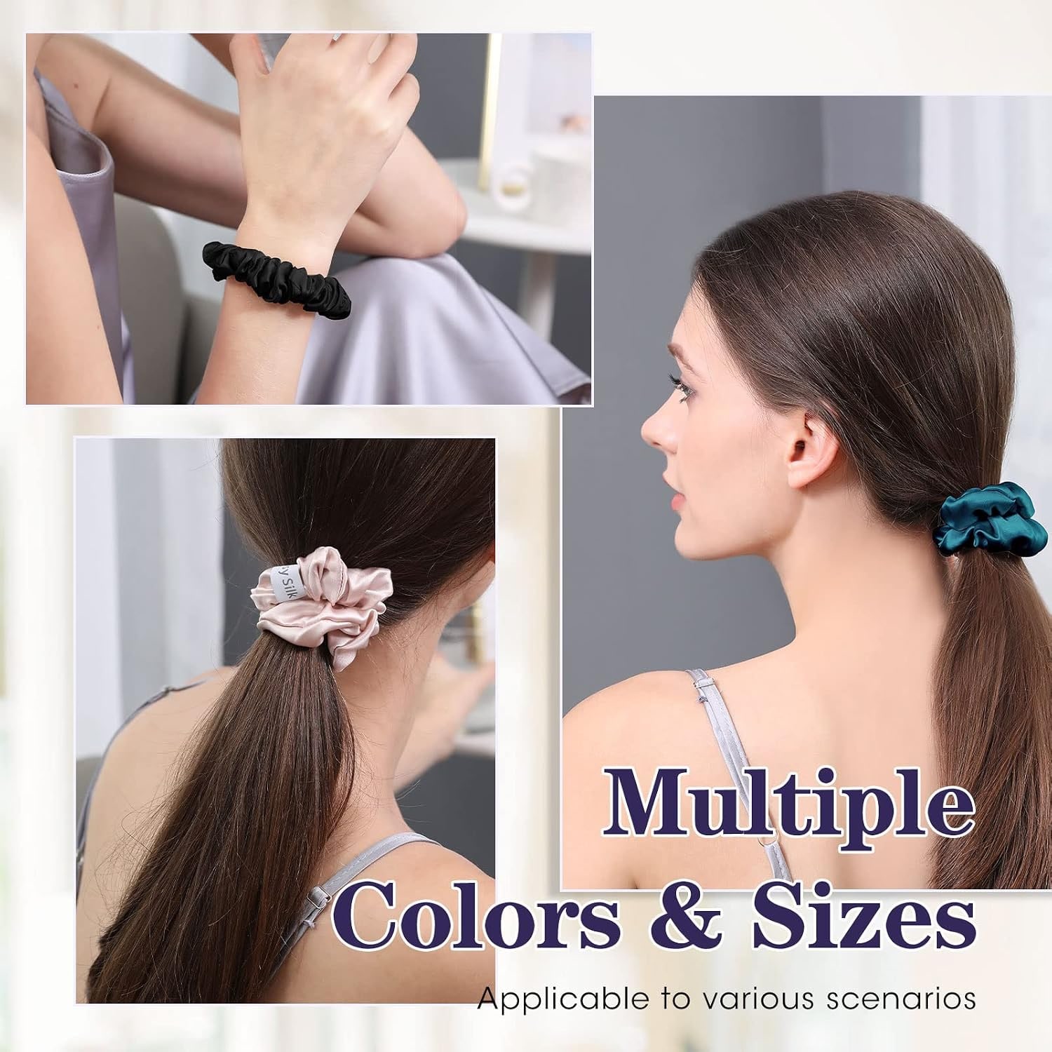 Mulberry Silk Scrunchies 3 Pack (Peacock Blue, Pink, Black)