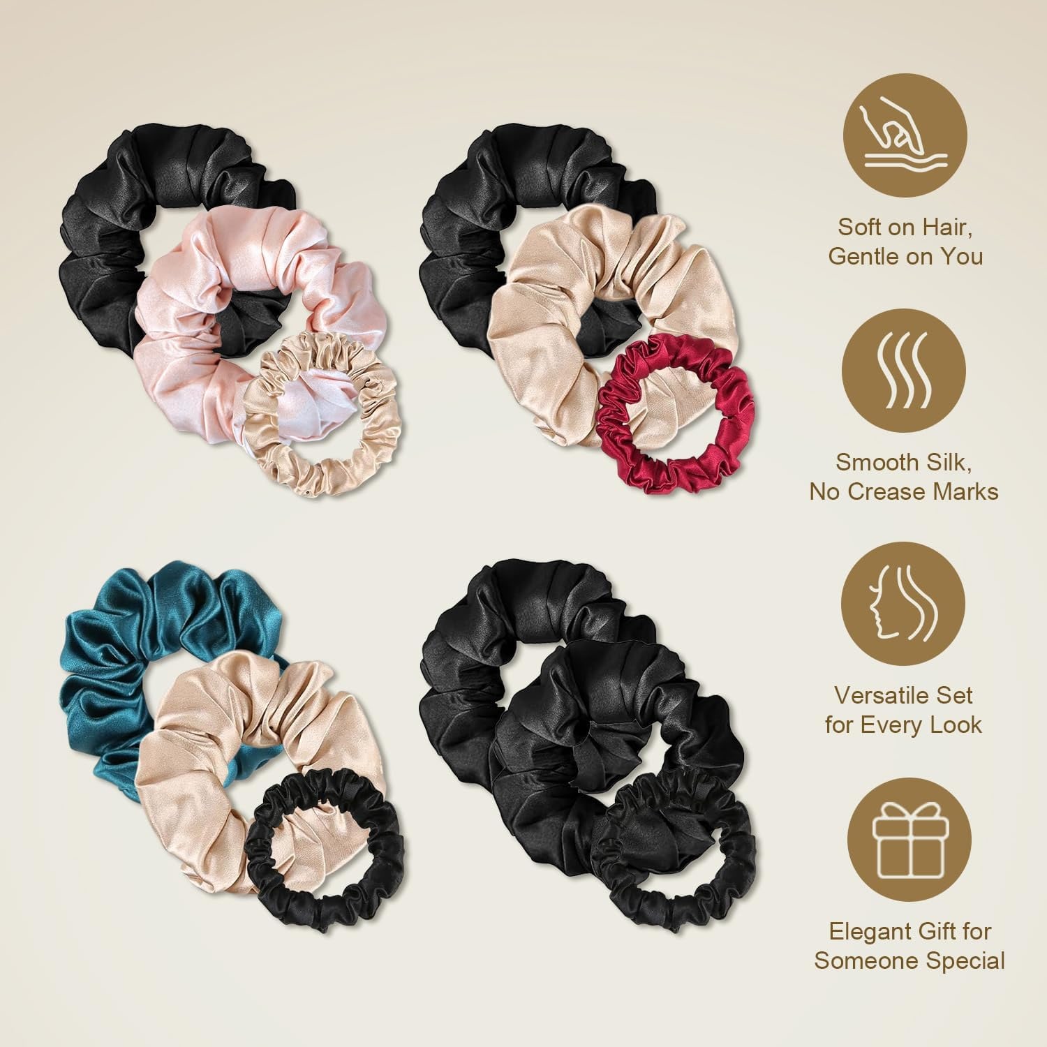 Mulberry Silk Scrunchies 3 Pack (Peacock Blue, Pink, Black)