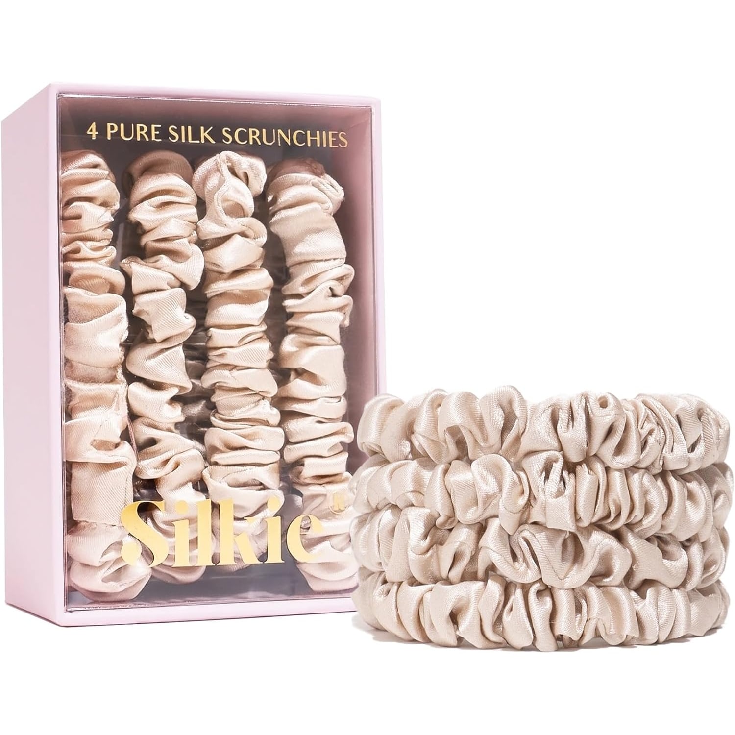 Skinny Mulberry Silk Scrunchies 4 Pack, Champagne