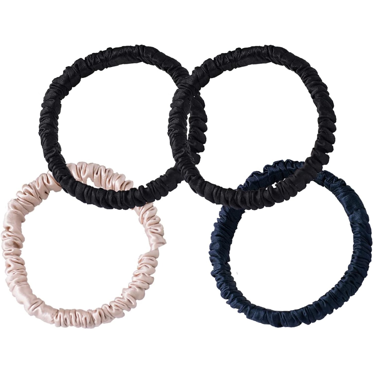 Slim Mulberry Silk Scrunchies 4 Pack (Black, Blue, Cream)