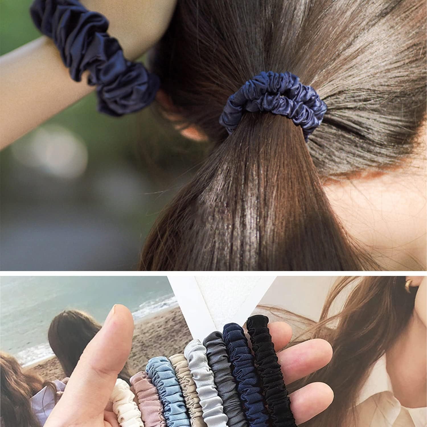 Slim Mulberry Silk Scrunchies 4 Pack (Black, Blue, Cream)
