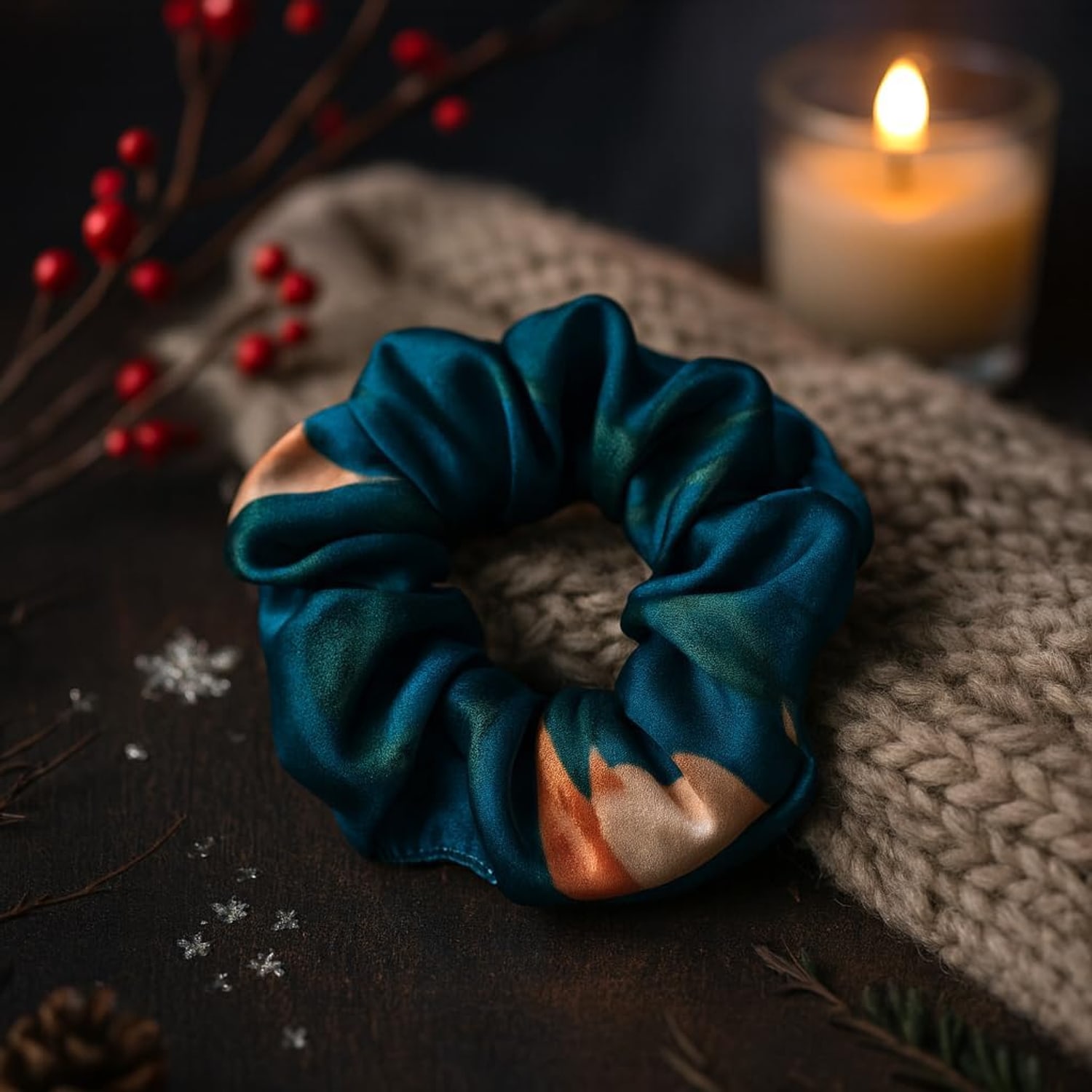 Teal Floral 19 Momme Mulberry Silk Scrunchie